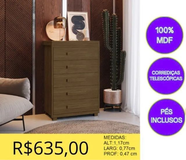 COMODA 5 GAVETAS 100% MDF A PRONTA-ENTREGA  - Foto 4