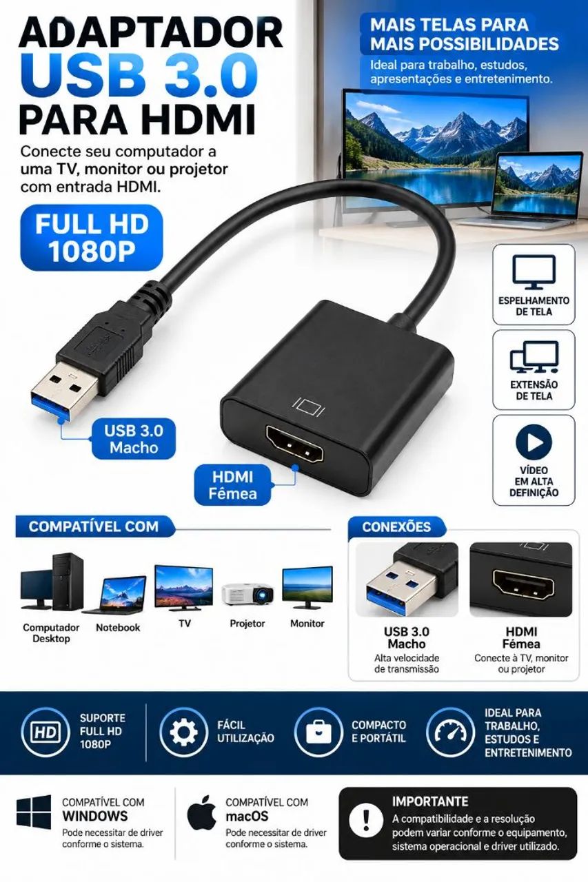 Adaptador USB 3.0 para HDMI Full HD - Novo - Foto 2