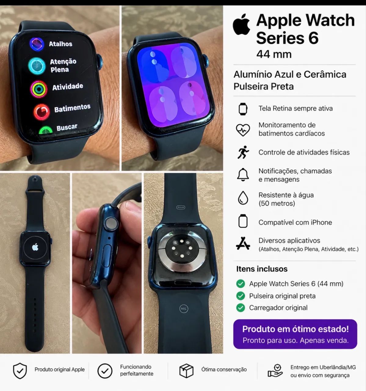 Apple Watch Series 6 de 44 mm, com caixa de alumínio azul e