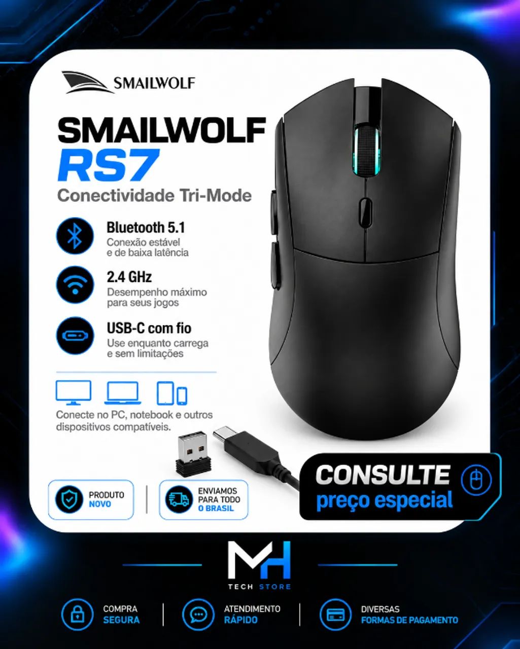 Mouse Gamer Smailwolf RS7 Tri-Mode 20.000 DPI PAW3311 - Foto 2