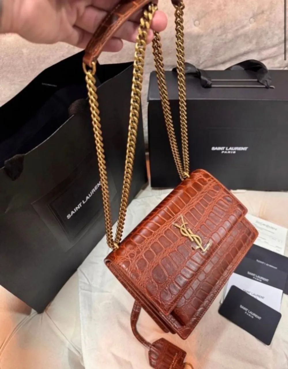 bolsa ysl sunset couro estilo crocodilo marrom