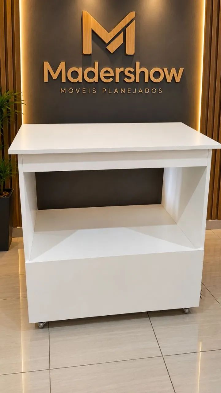 Balcão MDF branco 15mm, nicho, rodinhas