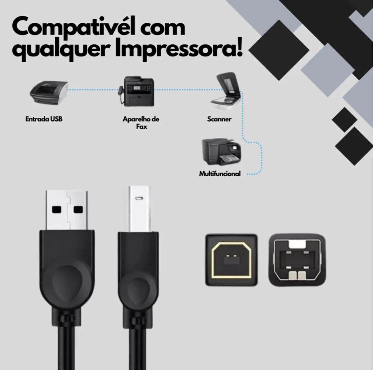 Cabo USB 2.0 para Impressora e Scanner 1,5m HP Epson Universal - Foto 5