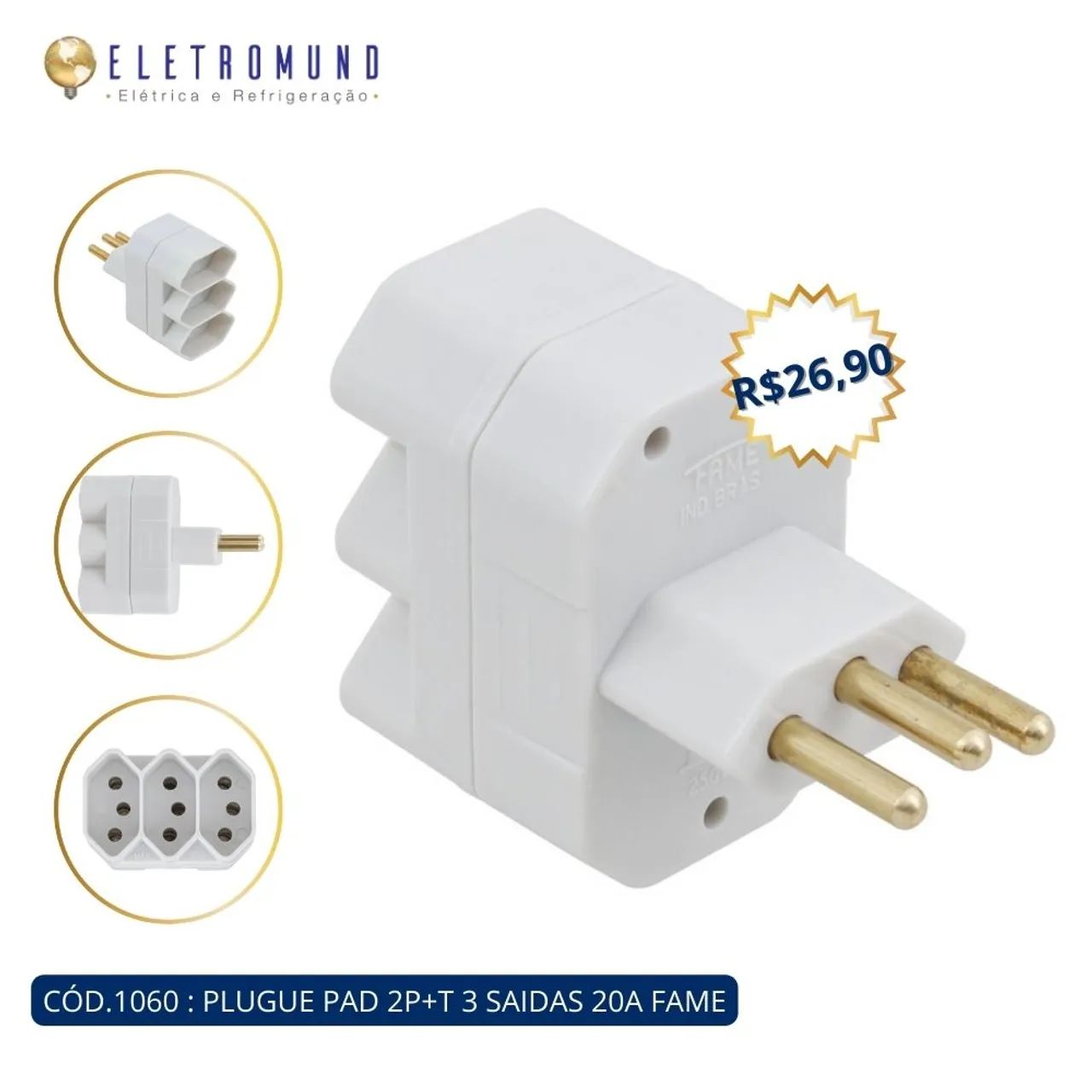 Plugue Pad 2P+T 3 Saídas 20A Fame - Novo