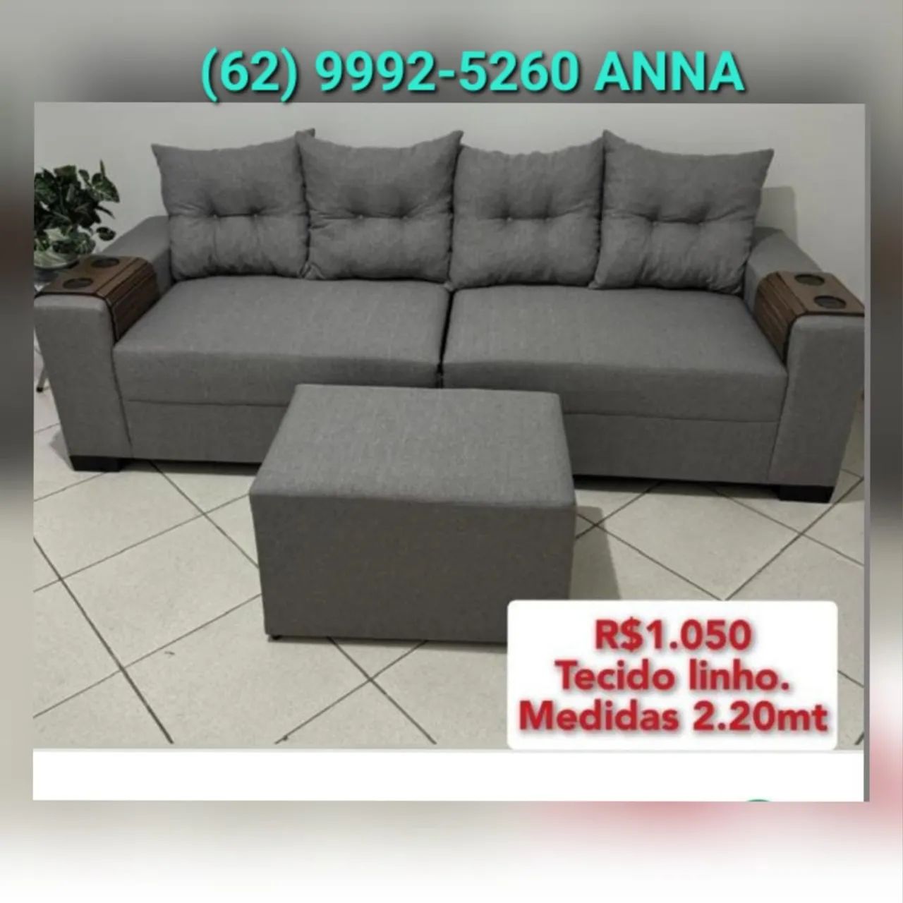 Sofá 4 Lugares com Puff em Tecido Linho