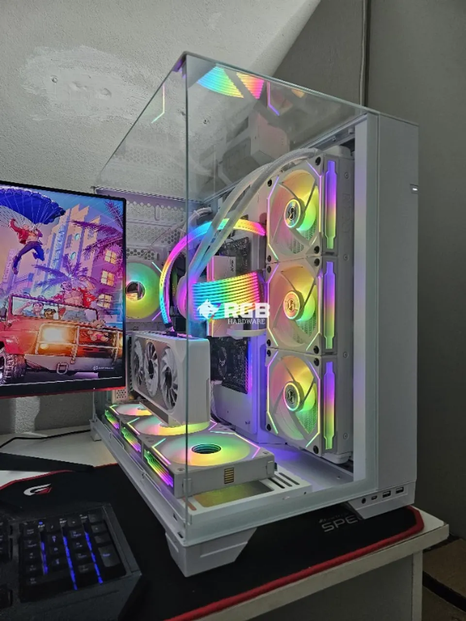 Gabinete Lian Li O11 Vision + Kit 7 Fans Lian Li SL-INF 120 + Suporte Vertical Riser 4.0