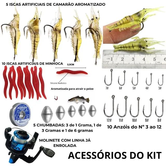 kit vara de pesca molinete linha iscas artificiais pronta pra uso barato (nova) - Foto 3