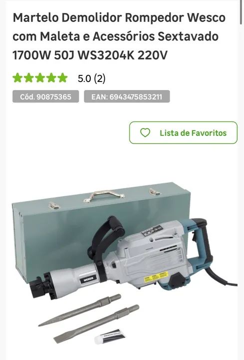 Martelo Demolidor Rompedor Wesco 1700W 50J WS3204K 220V