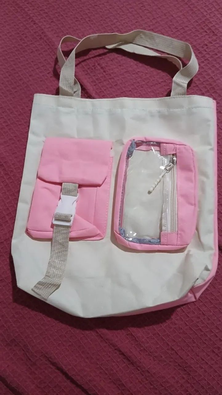 Bolsa Tote Bag Rosa e Creme - Estilo Coreano com Bolsos Utilitários 