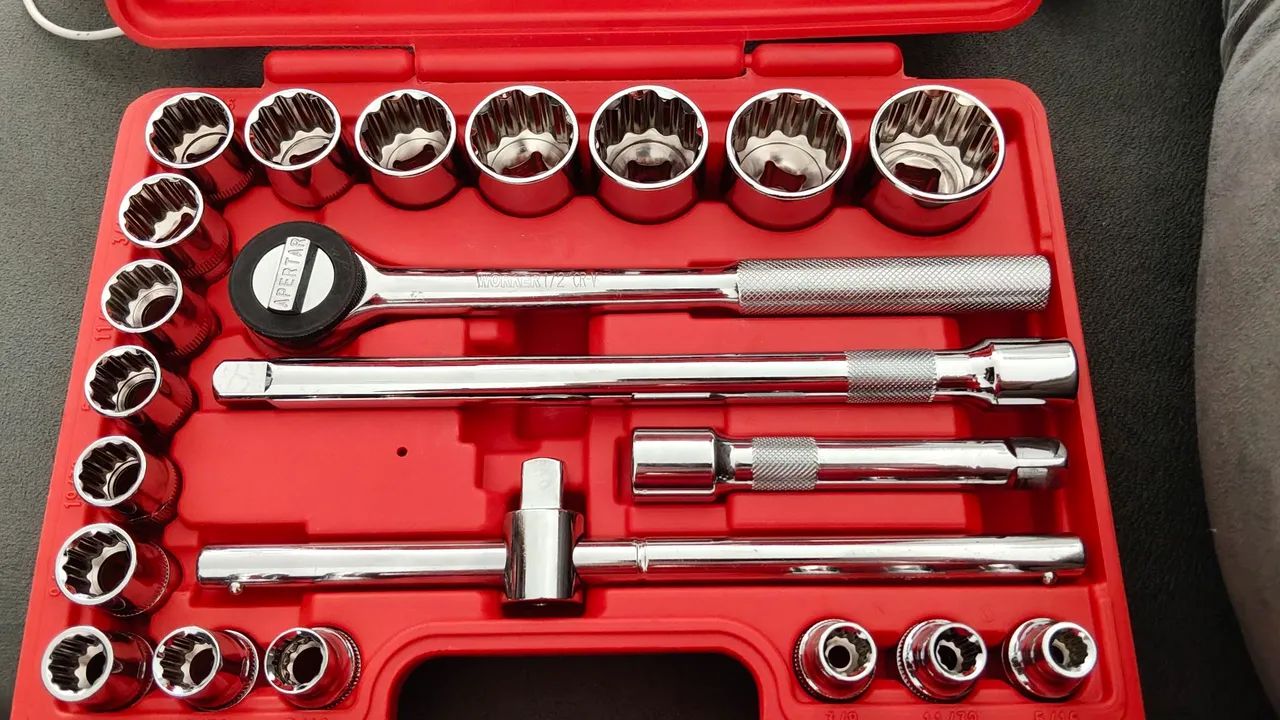Jogo de soquetes Estriados WORKER  PRO 1/2" com Catraca - 22 peças SAE (polegadas)