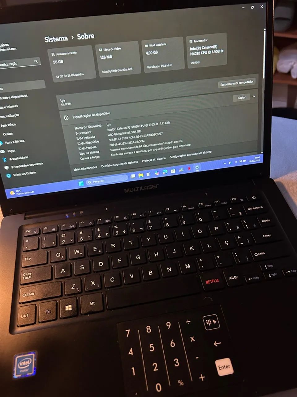 Notebook Multilaser - 4 GB RAM | 58 GB de armazenamento