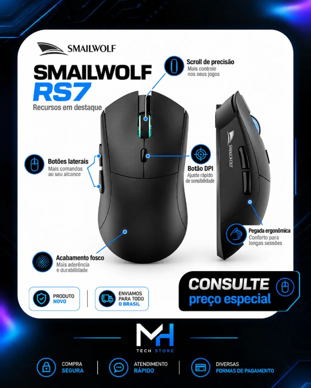 Mouse Gamer Smailwolf RS7 Tri-Mode 20.000 DPI PAW3311 - Foto 3