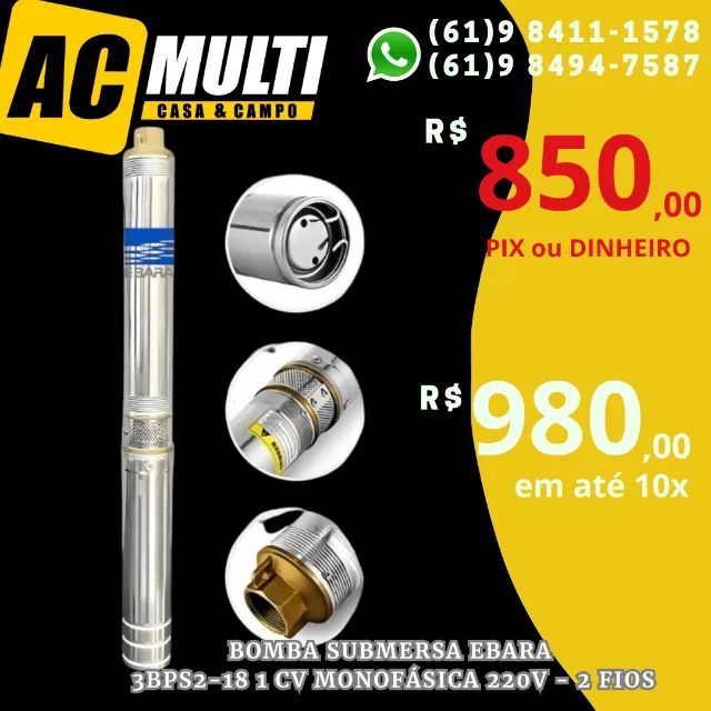 BOMBA PARA POÇO ARTESIANO Ebara 3BPS2-18  1HP Monofásica 220V - 2 Fios