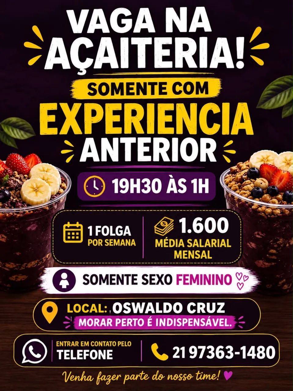 Vaga de emprego açaiteria 