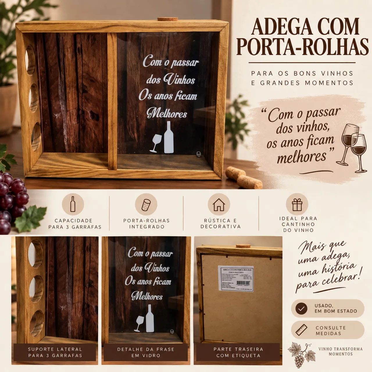 Adega com 3 Porta rolhas 