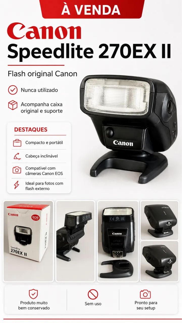 Canon Speedlite 270EX II Flash Original com Caixa e Suporte