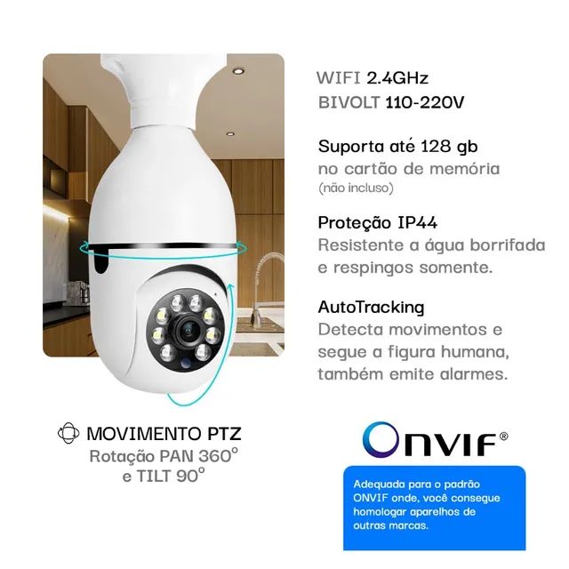 Câmera Segurança Lâmpada 360 Wifi Ip Full Hd Visão Noturna Jortan JT-8177  - Foto 5