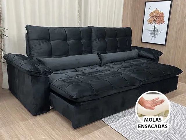 Sofá Retrátil Reclinável Molas Ensacadas 2,90m Preto Sublime a65