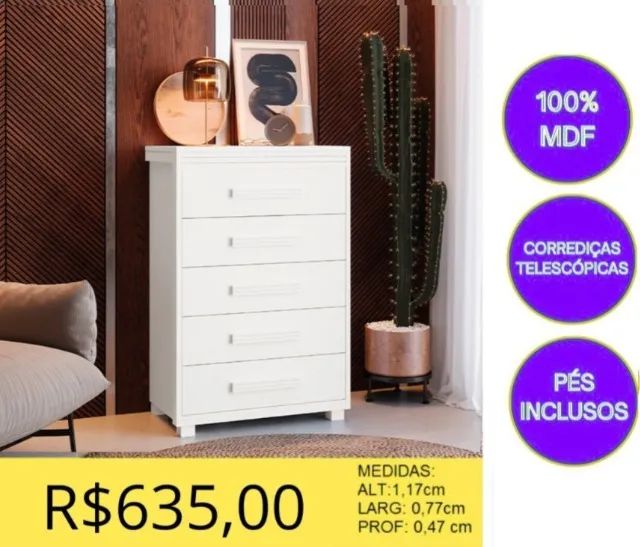 COMODA 5 GAVETAS 100% MDF A PRONTA-ENTREGA  - Foto 3