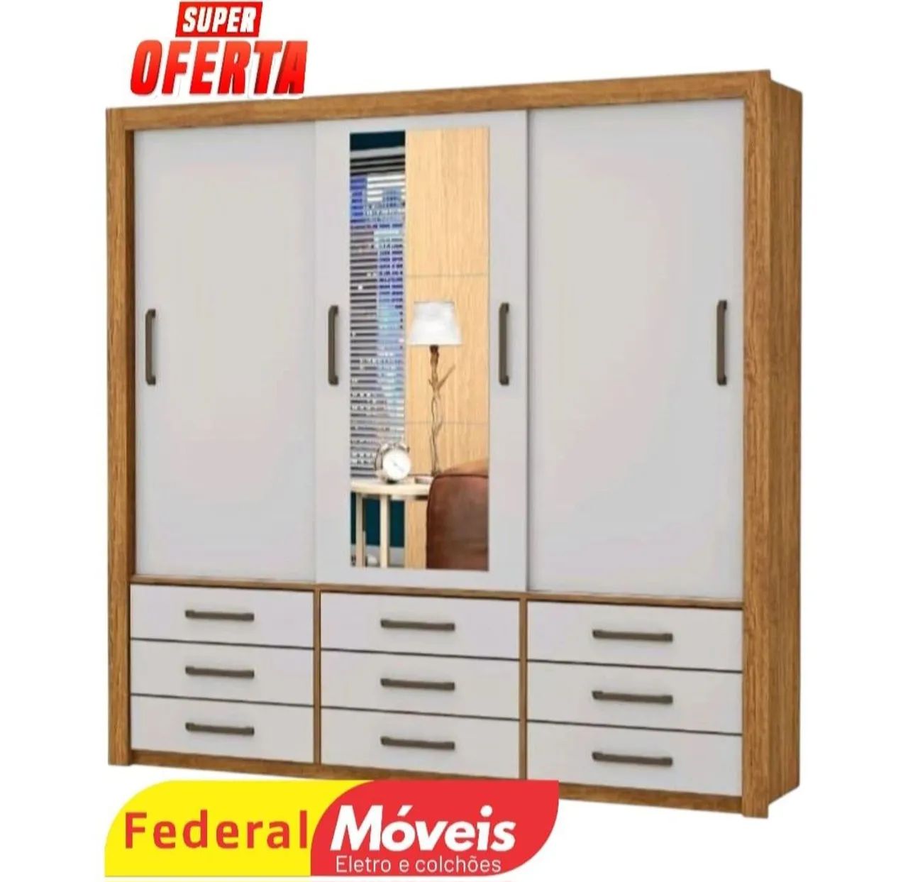 Guarda Roupa com 3 Portas de correr, 9 Gavetas e Espelho - Novo, com espaço de sobra!