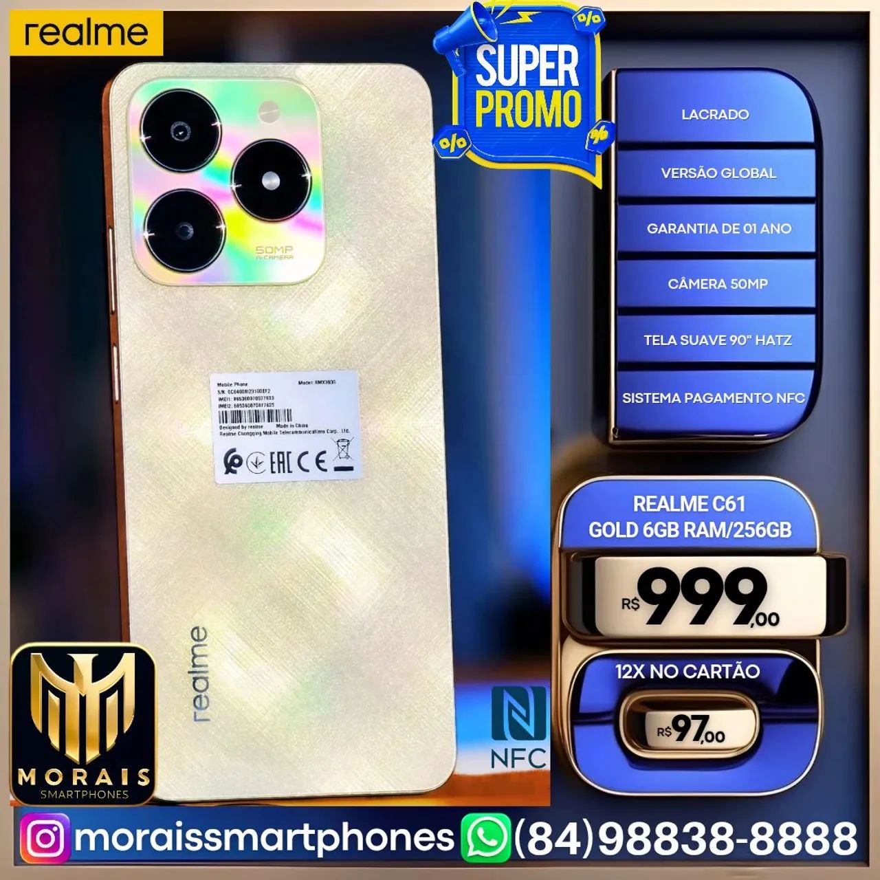 (NFC) Realme C61 256GB/6GB RAM - Dourado - GARANTIA 01 ANO, LACRADO