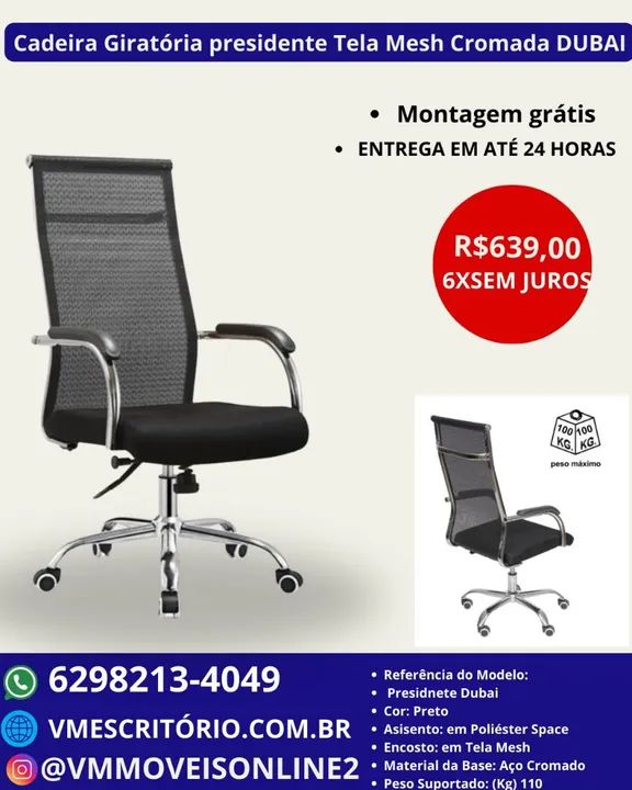 Cadeira de escritório  Giratória Presidente Tela Mesh Cromada Dubai