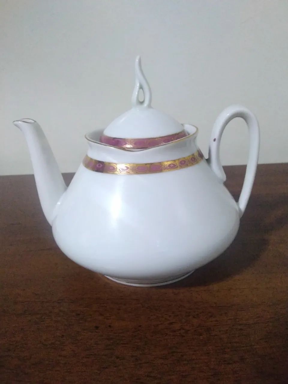 bule de chá antigo porcelana real branco com barrado bordo e dourado