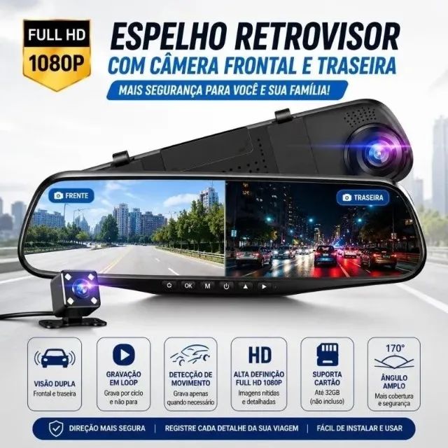 Espelho Retrovisor com Câmera Frontal e Câmera de Ré Full HD