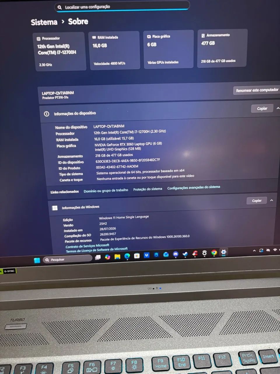 Notebook Gamer Acer Predator i7-12700H RTX 3060 6GB DDR5 16GB RAM