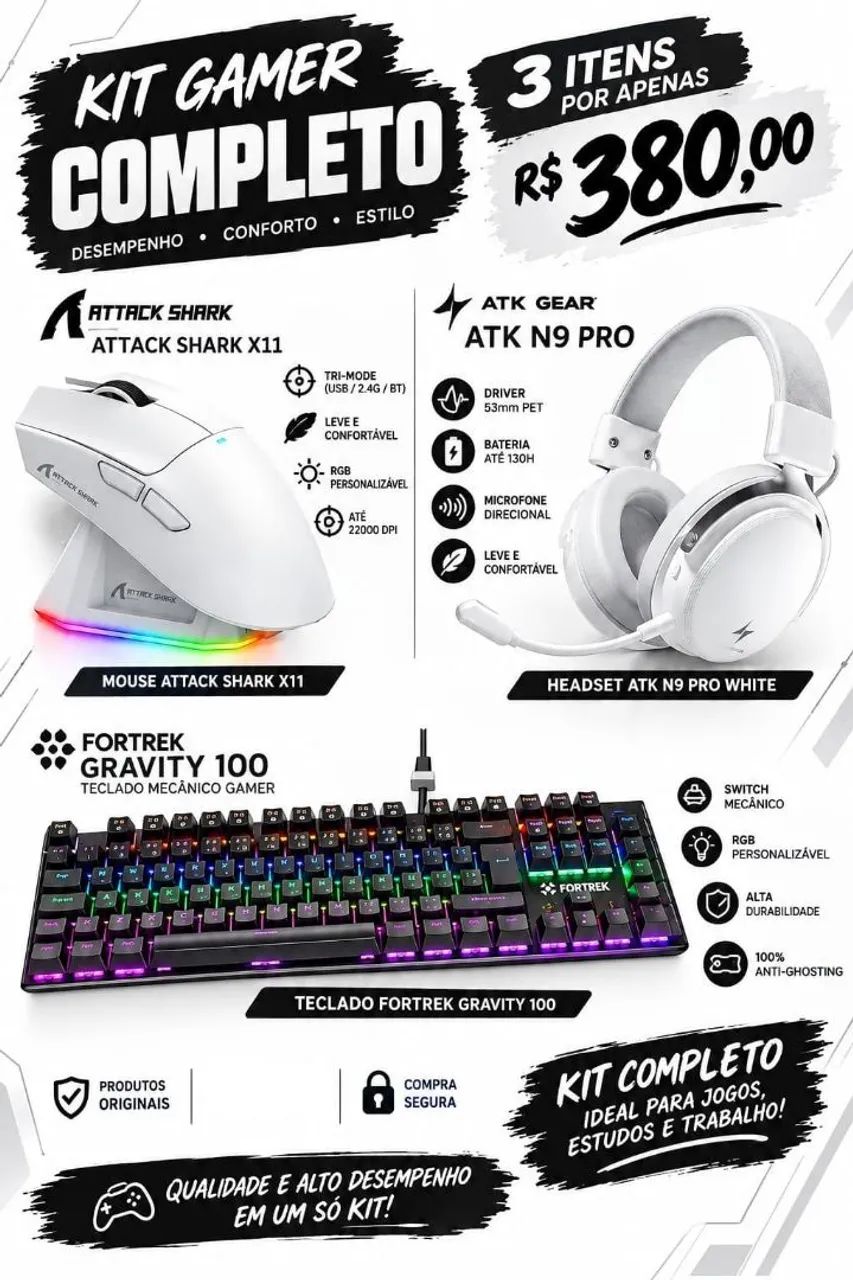 Kit gamer Mouse, teclado e Headset