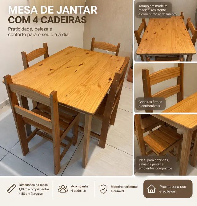 Mesa de Jantar de Madeira + 4 Cadeiras - Foto 4