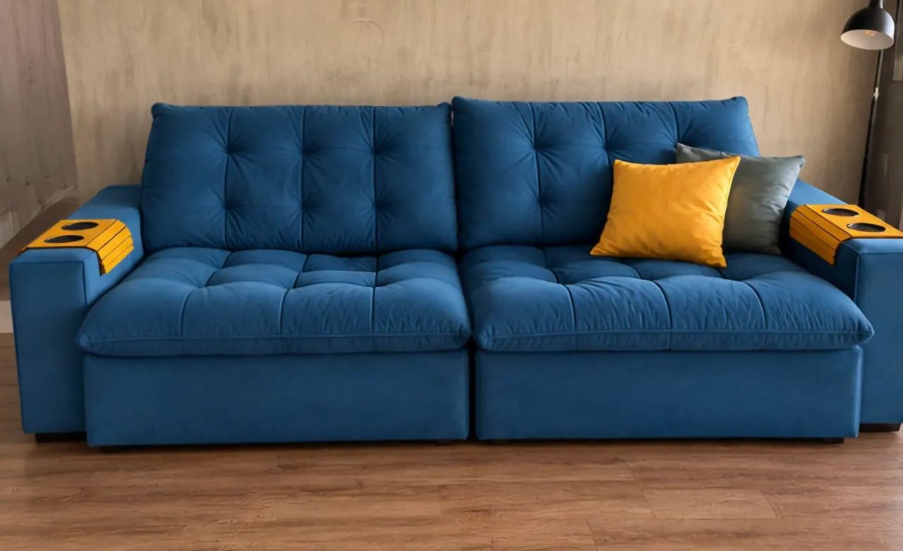 Sofá Retrátil e Reclinável Azul com Porta-Copos - Superconfortável! - Foto 2