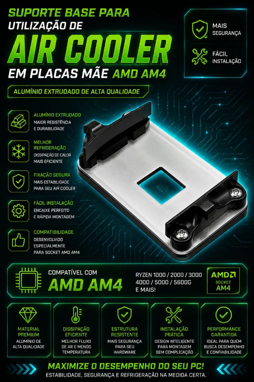 Suporte Base Para Utilização de Air Cooler em Placas Mãe AMD AM4 em alumínio extrudado