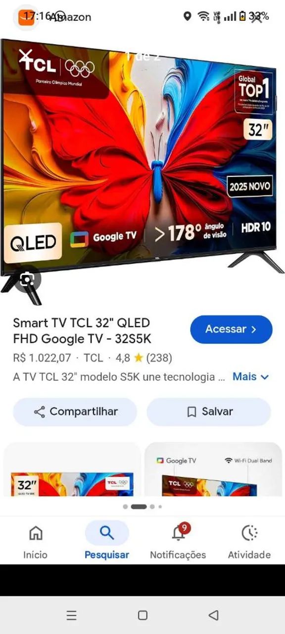 Smart TV tcl qld 32 polegadas Full HD tv 32s5k tvs