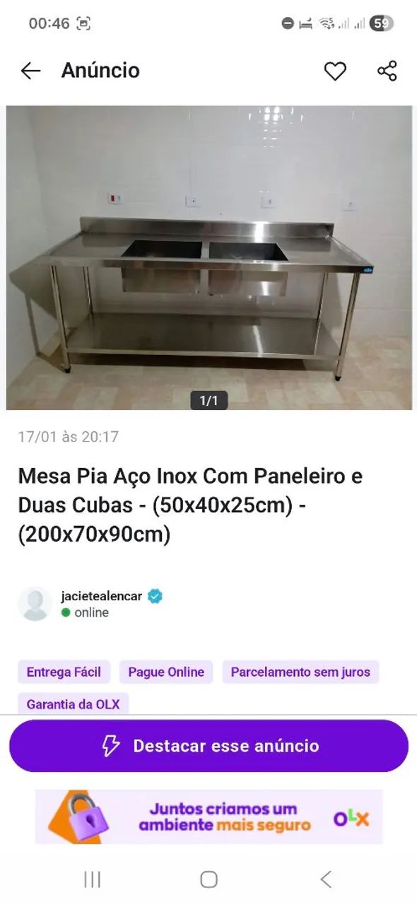 Mesa Pia Aço Inox Com Paneleiro e Duas Cubas - (50x40x25cm) - (200x70x90cm) - Foto 2