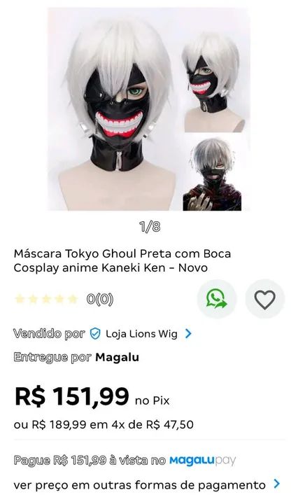 Máscara Tokyo Ghoul Preta com boca anime + peruca - Foto 3