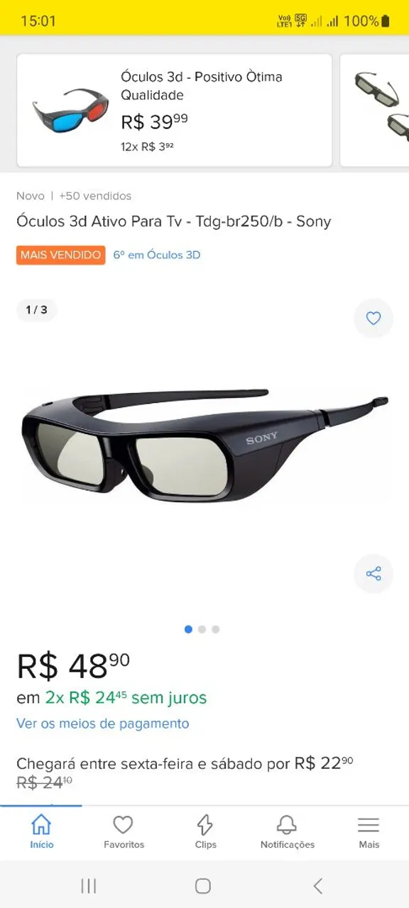 Óculos 3D Ativo Para TV Sony Tdg-br250/b