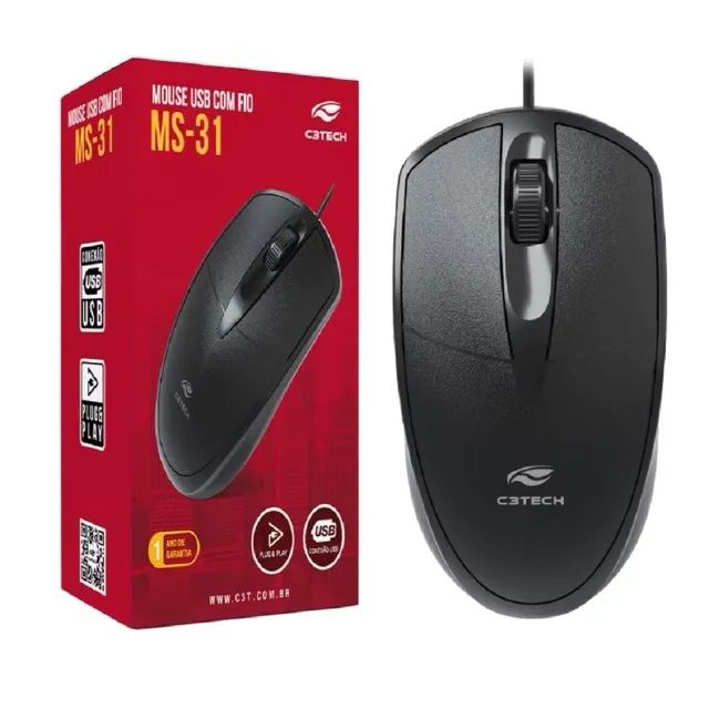 Mouse USB com Fio C3Tech MS-31BK Preto Para Notebook e Computador