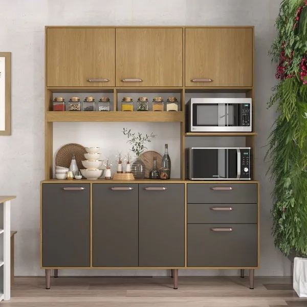 Cozinha Compacta - Cozinha 7 Portas 2 Gavetas Amendoa C/ Cinza-LIQUIDAÇÃO -Frete gratis