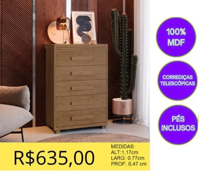 COMODA 5 GAVETAS 100% MDF A PRONTA-ENTREGA 