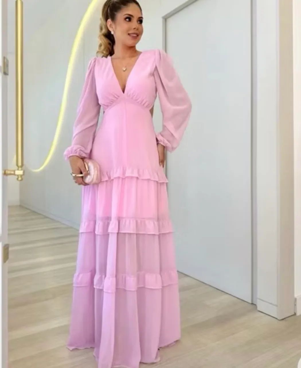 Vestido Longo Rosa Feminino Elegante
