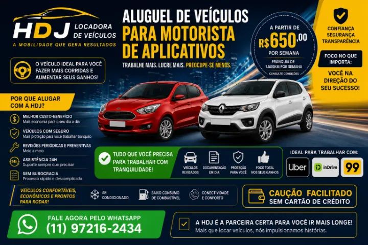 LOCAÇÃO DE VEICULOS PARA 99 E UBER