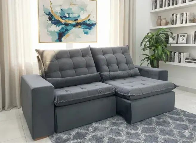 Sofá Retrátil e Reclinável Londres Cinza com Almofada
