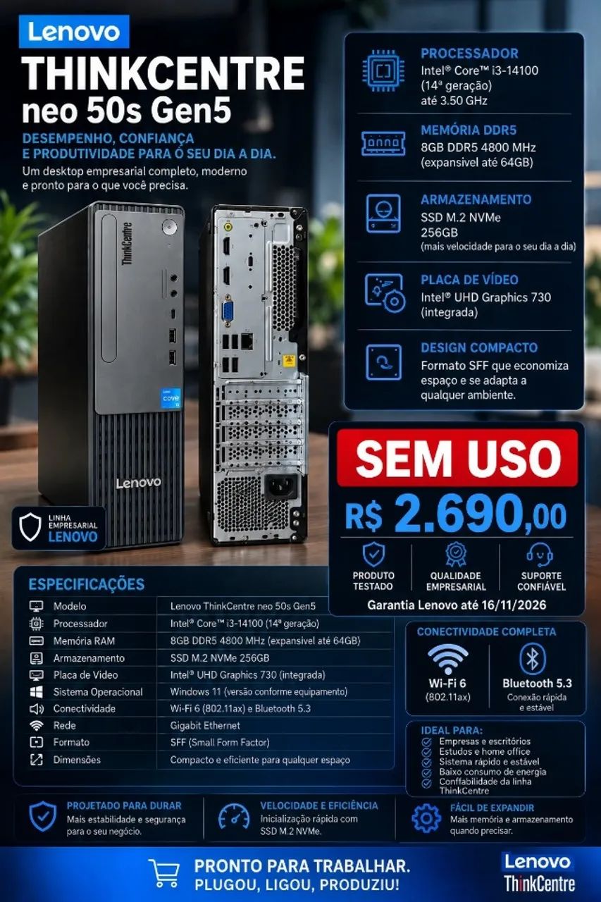 Desktop Lenovo Thinkcentre Neo 50s Core I3 14th (SEM USO)