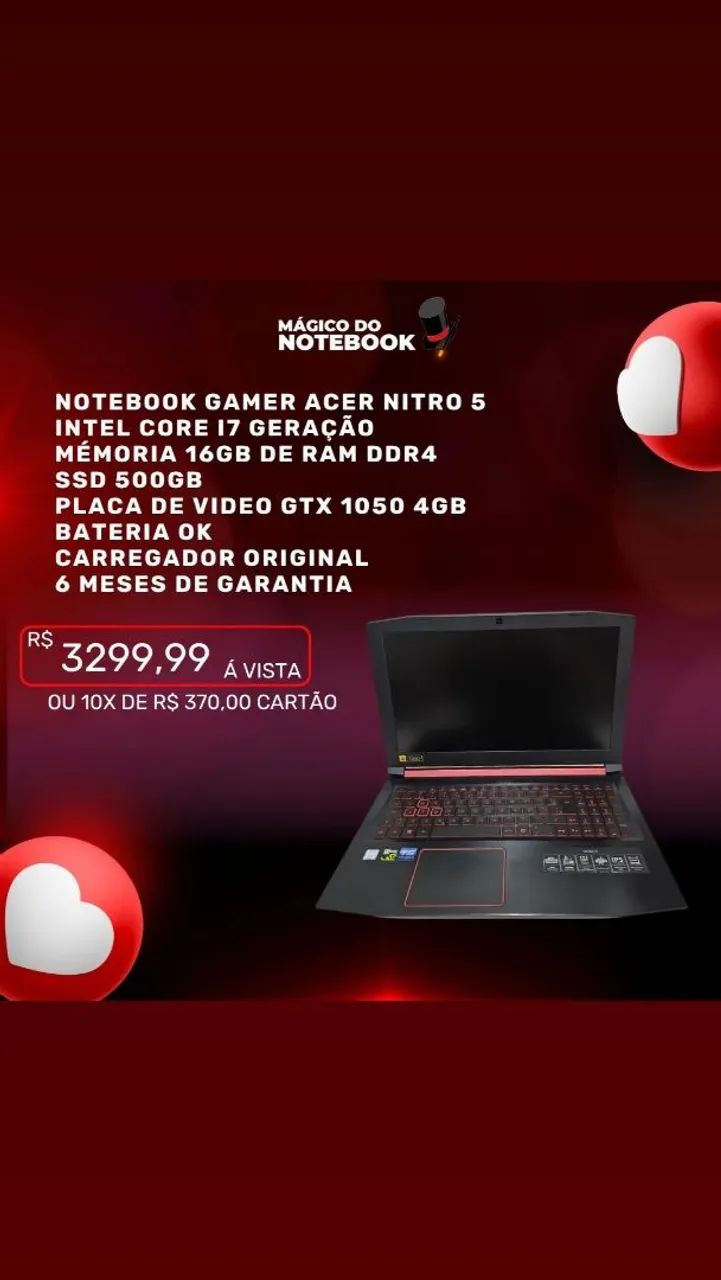 NOTEBOOK GAMER ACER NITRO 5 INTEL CORE I7 7 GERAÇÃO 