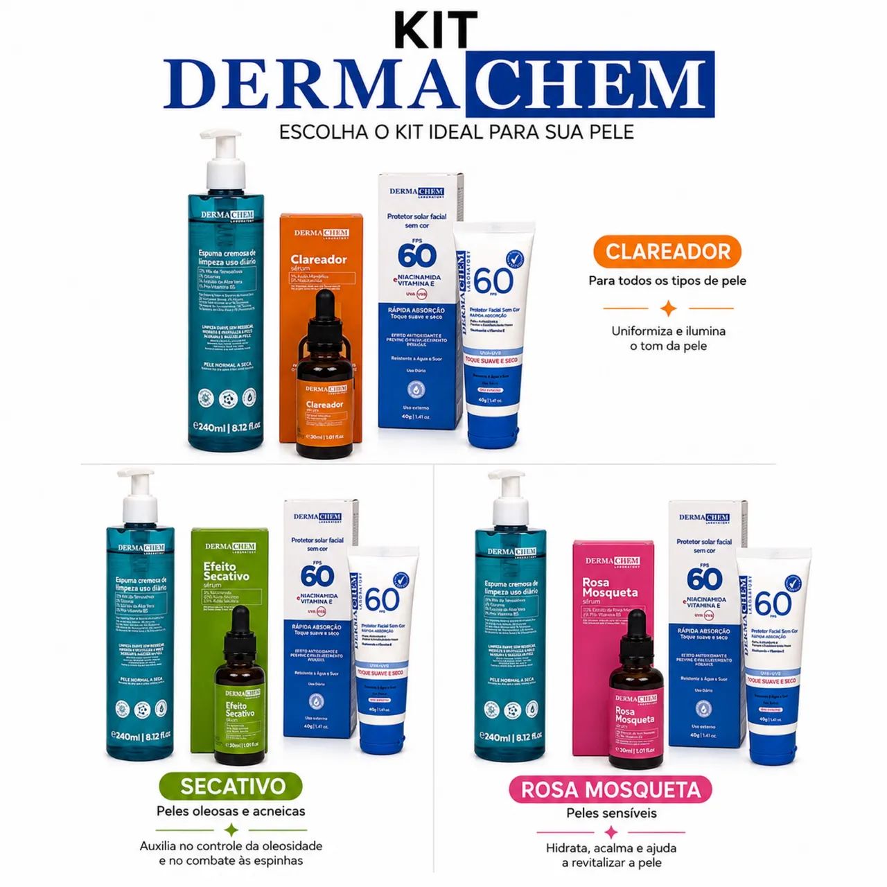 Kit Skincare Dermachem com Espuma + Protetor Solar FPS 60 + Sérum à Escolha