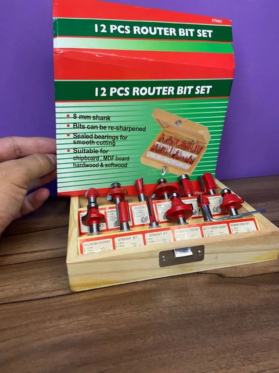 Jogo Kit Fresas Pra Tupia 12 Pçs 8mm + Estojo De Madeira - Foto 2