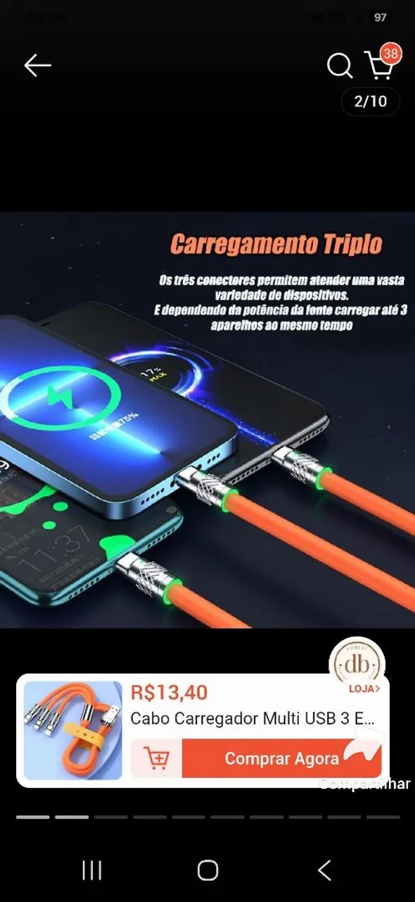 Cabo triplo para carregar celular 1 20 reais 2 por 30 reais - Foto 2