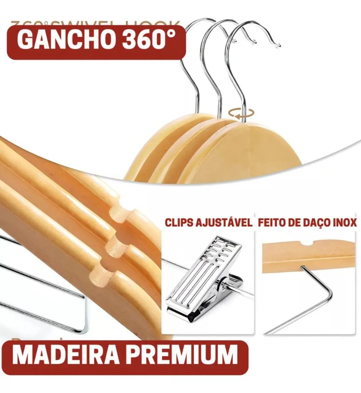 Kit 10 Cabides Madeira Com Presilhas Infantil - Foto 3