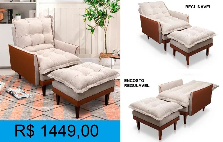 Poltrona com Puff em linho e corino do lado - Puro luxo - Entrega Gratis 